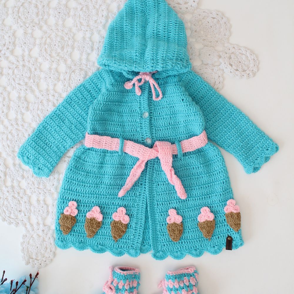 Turquoise Blue Colored With Knitted and Ice Cream Emboidery Hooded Sweater Set